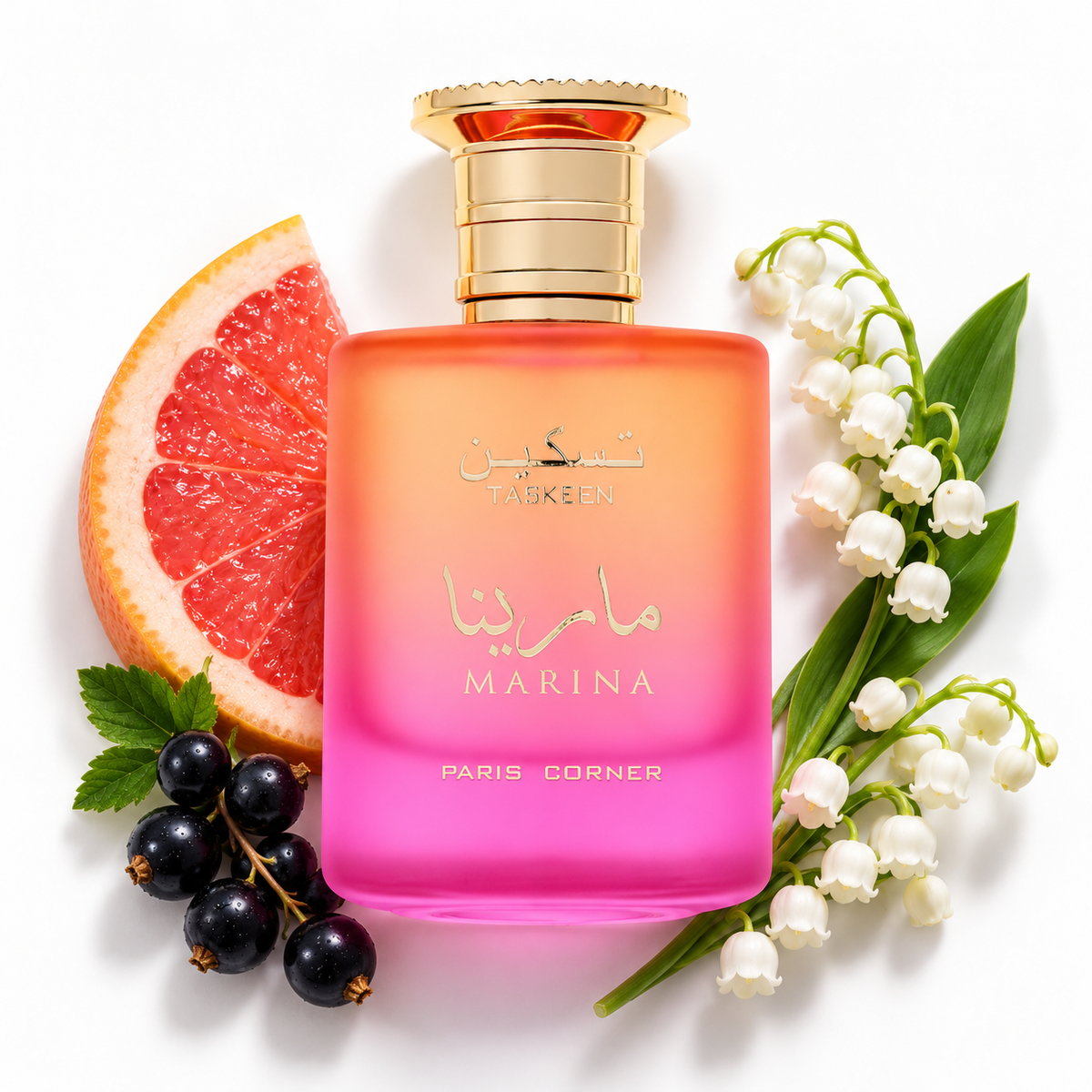 Paris Corner Taskeen Marina 100ml perfume bottle on white with grapefruit, lily of the valley, black currant fragrance-note props