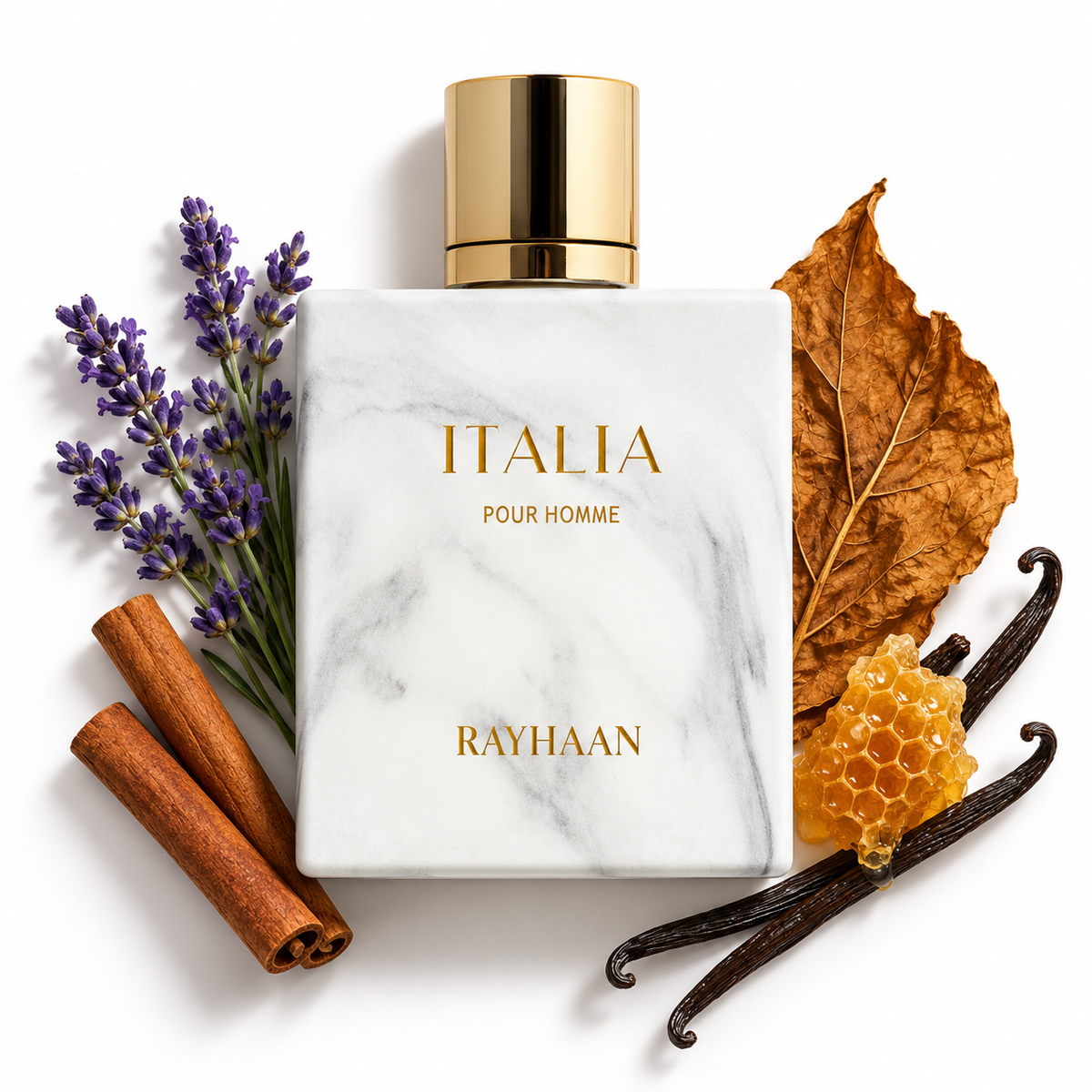 Rayhaan Italia 100ml perfume bottle on a white background with lavender, cinnamon, honey, vanilla, tobacco leaf
