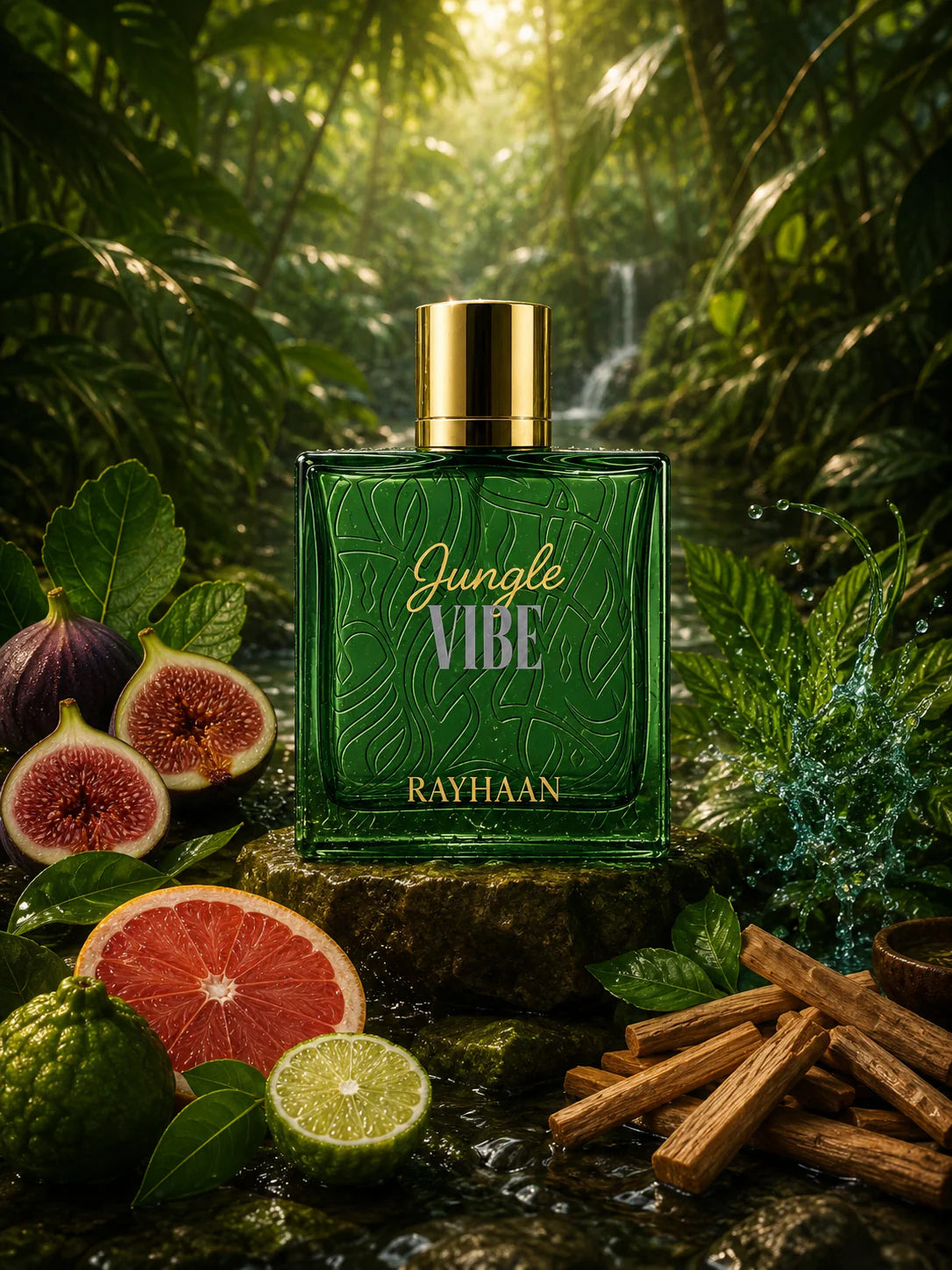 Rayhaan Jungle Vibe Eau de Parfum 100ml bottle with limes and cinnamon in a jungle scene – unisex perfume, notes of fig, sandalwood and grapefruit