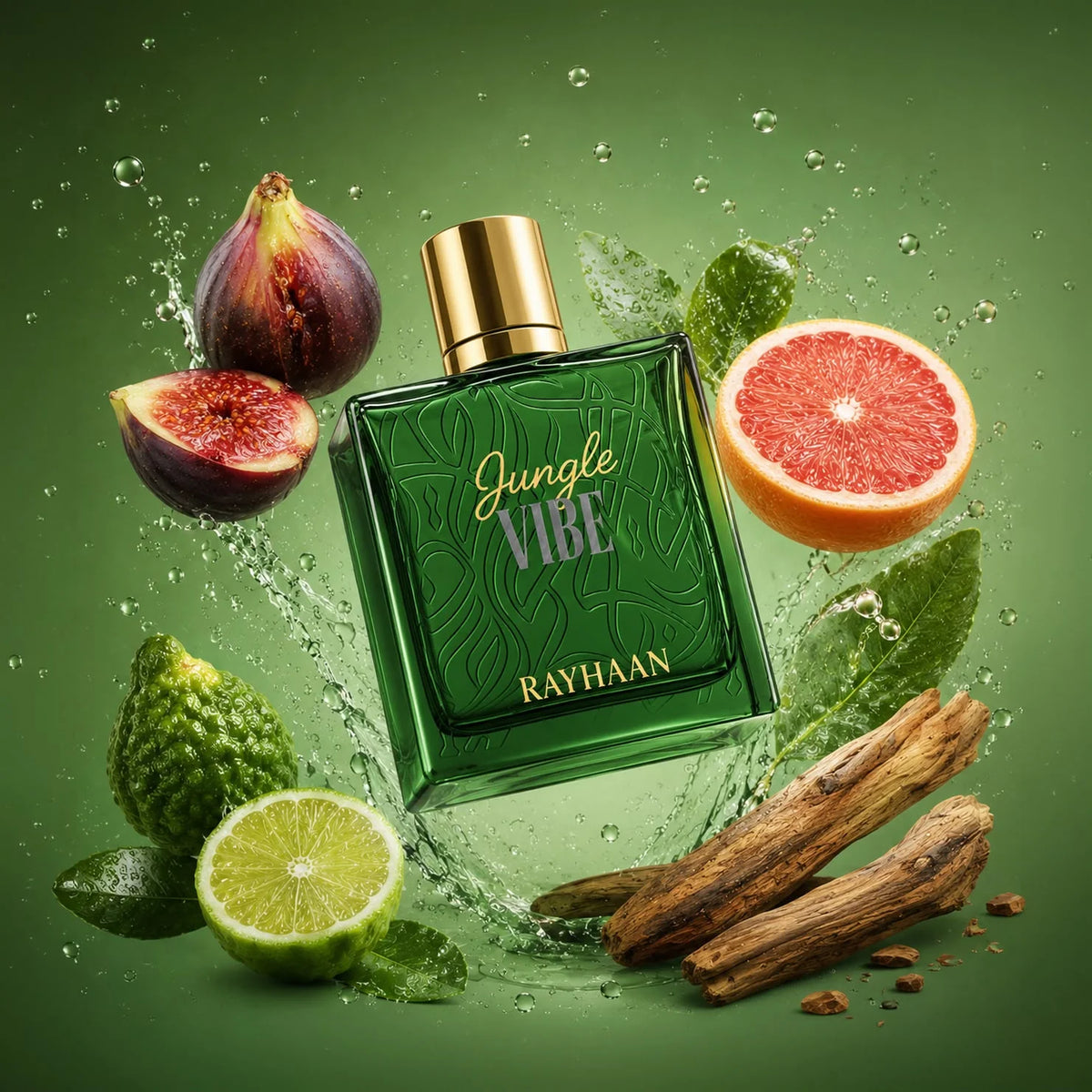 Rayhaan Jungle Vibe Eau de Parfum 100ml bottle with figs and grapefruit on a green backdrop – unisex perfume, notes of sandalwood and bergamot