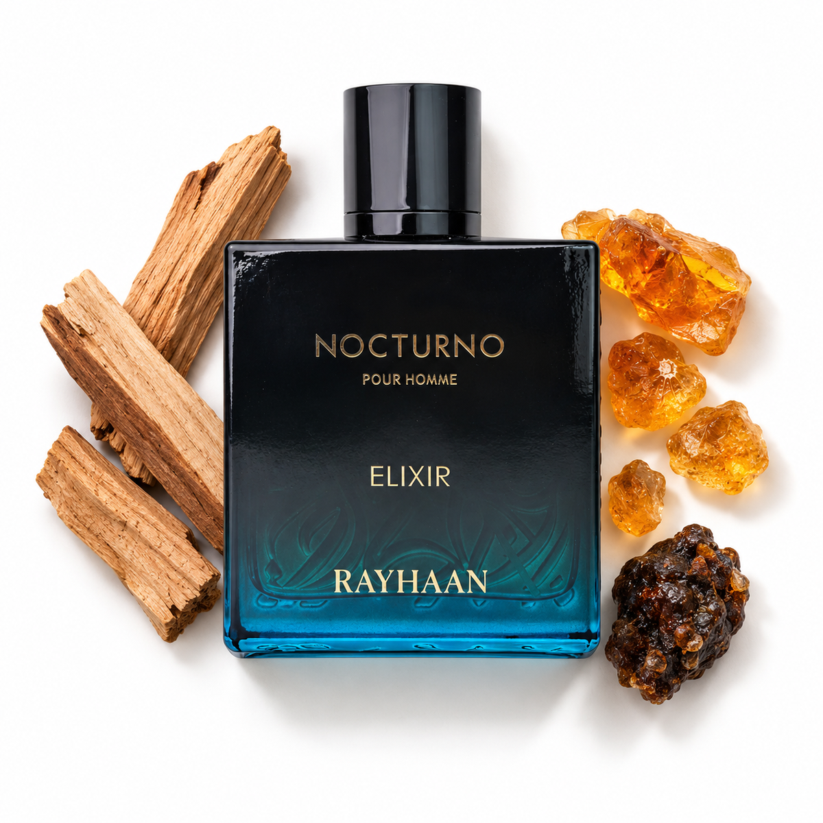 Rayhaan Nocturno Elixir 100ml perfume bottle on white with sandalwood, amber, labdanum