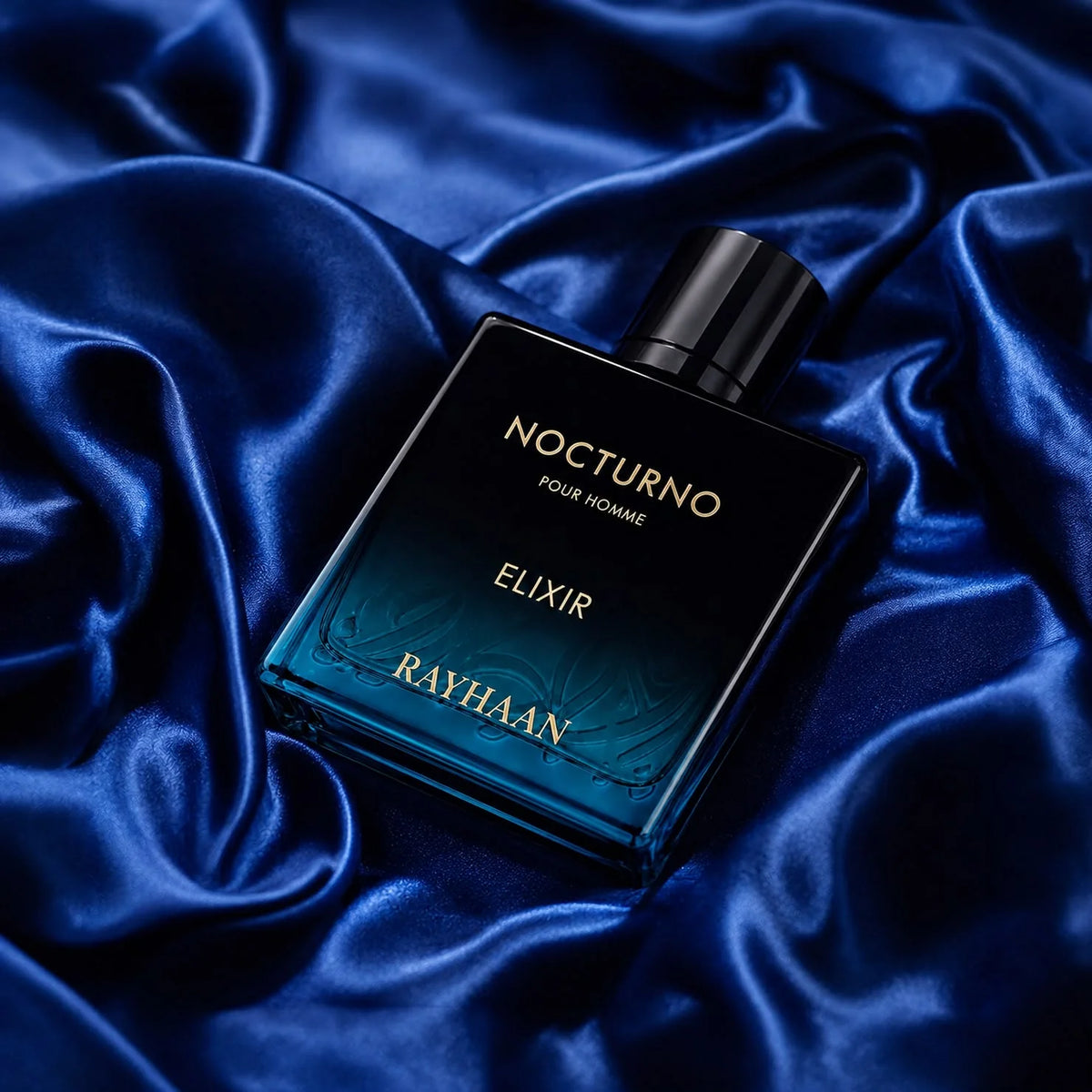 Rayhaan Nocturno Pour Homme Eau de Parfum 100ml bottle on blue satin – perfume, notes of geranium, bergamot and lavender
