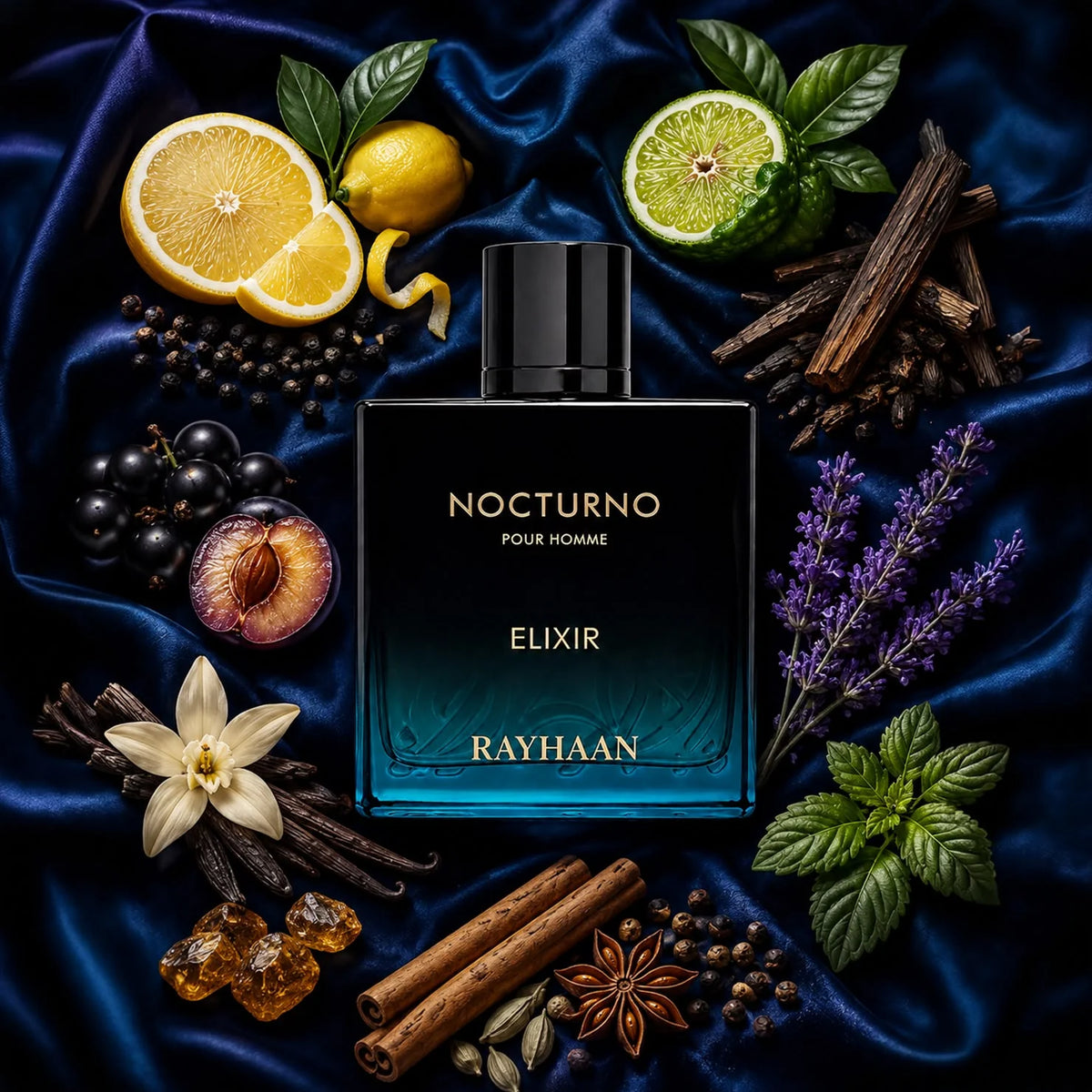 Rayhaan Nocturno Pour Homme Eau de Parfum 100ml bottle styled with citrus and spices on dark blue fabric – perfume, notes of bergamot, lavender and amberwood
