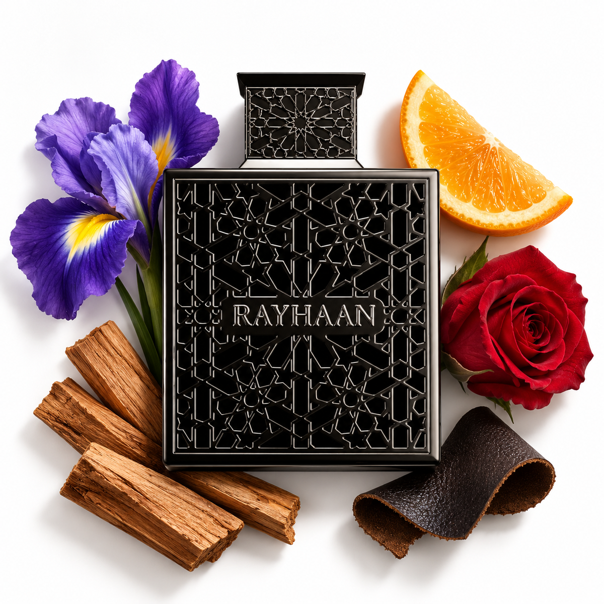 Rayhaan Obsidian 100ml perfume bottle on white with iris, orange, rose, sandalwood, leather
