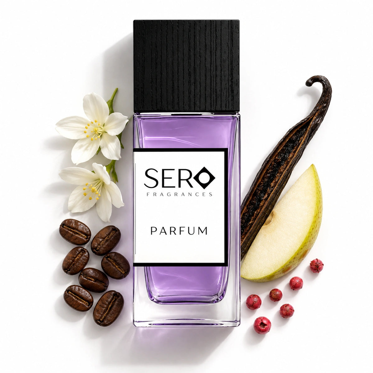 Sero Midnight Bloom Parfum 50ml bottle with coffee, jasmine, vanilla, pear and pink pepper
