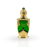 Green and gold perfume bottle with 'Yusra' branding on a white background