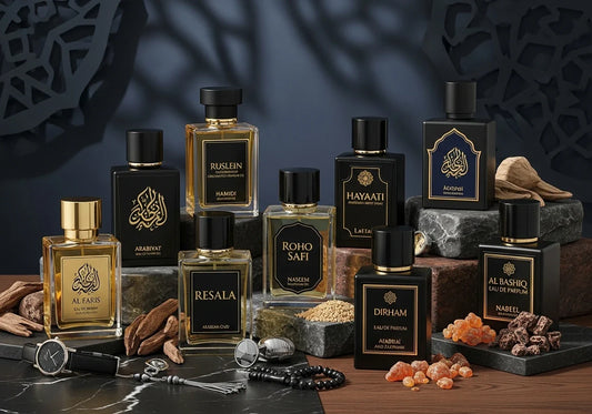 Collection of top Arabian men’s perfumes with bold, elegant packaging.
