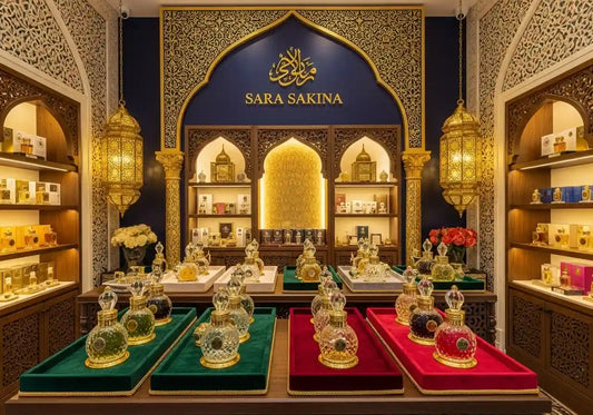 Luxurious Sara Sakina perfume store with ornate Islamic architecture, crystal perfume bottles on velvet trays, and golden geometric wall patterns.
