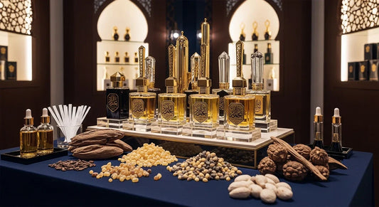 Display of Arabian oud perfumes and fragrance oils with natural ingredients in a luxury perfume shop