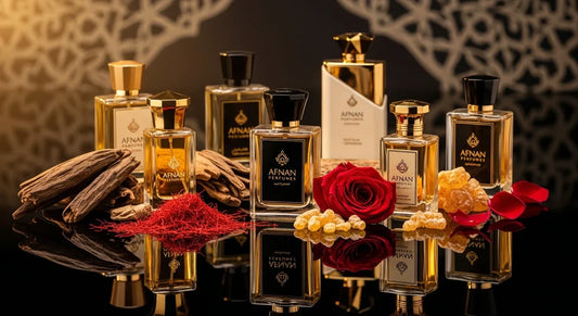 Top Afnan perfumes featuring elegant Arabian bottles with rich oud, floral, and modern fragrance notes.