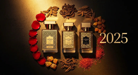 Top Lattafa perfumes in 2025 featuring elegant Arabian fragrance bottles with rich oud and floral notes.
