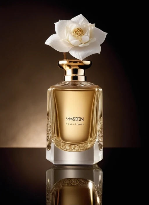 Naseem perfume bottle topped with a white flower on a dark backdrop