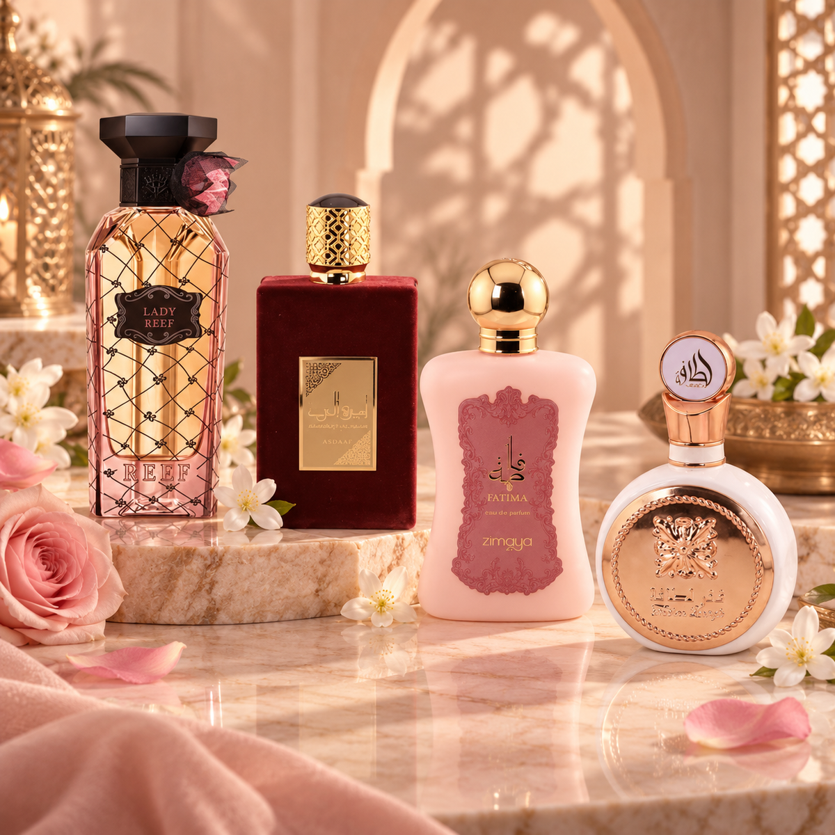 Floral perfumes with jasmine and pink roses in a softly lit cream Arabian arch