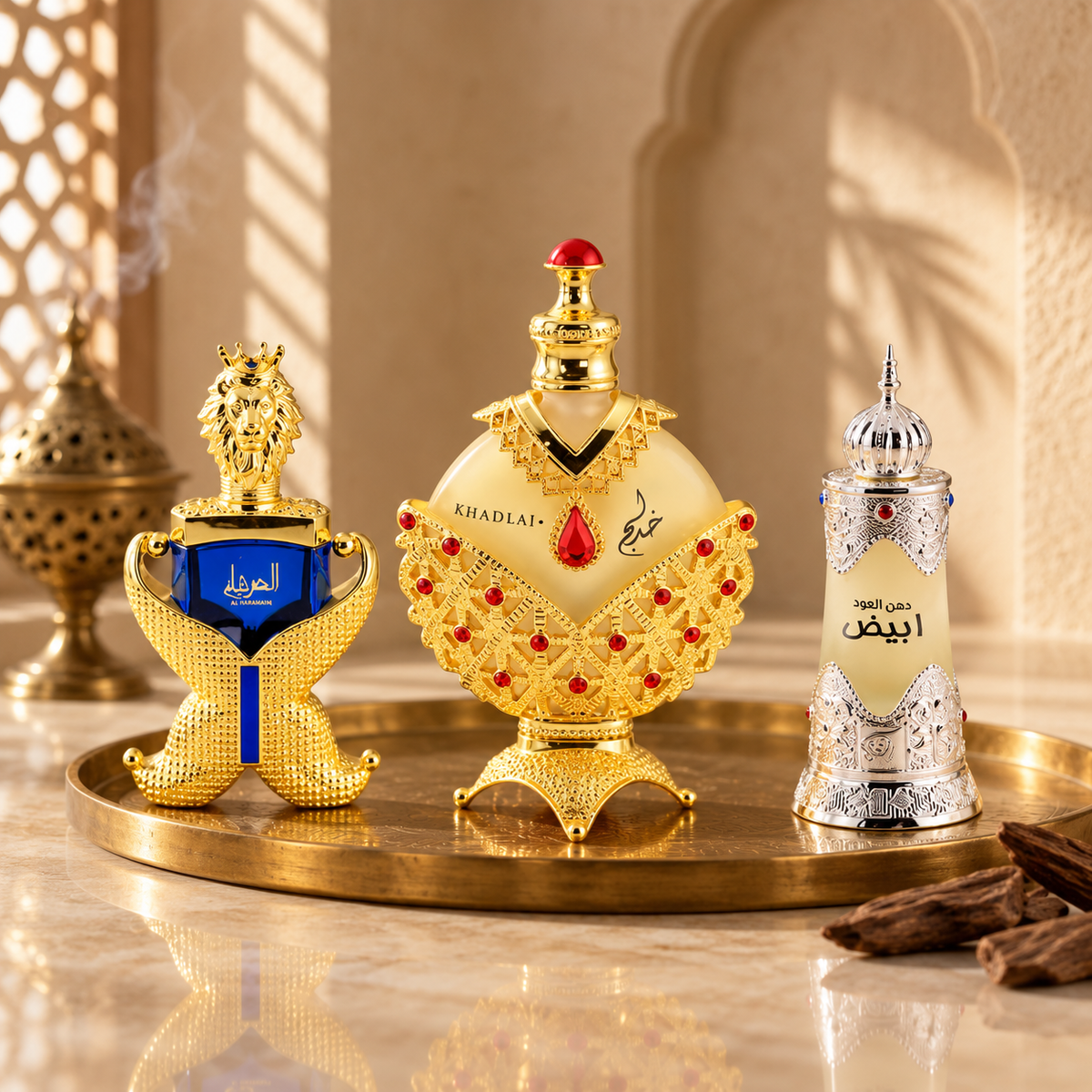 Gold, crystal and silver perfume oil bottles on a gold tray with oud wood