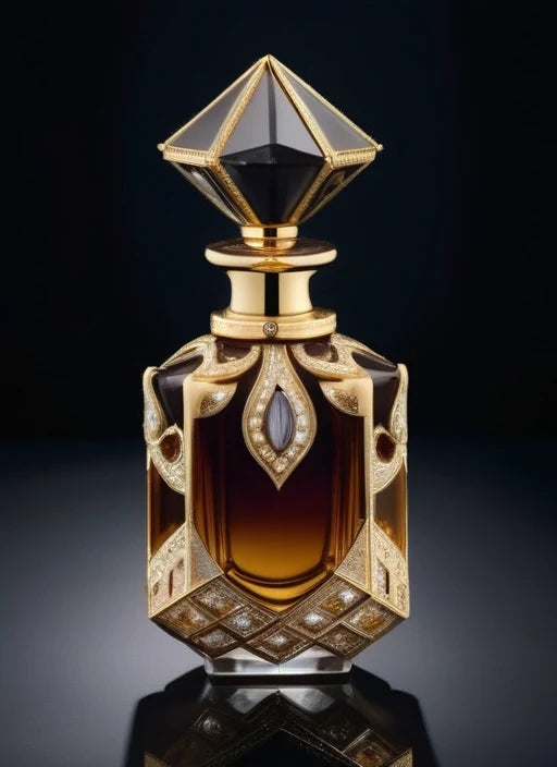 Paris Corner ornate gold-trimmed perfume bottle with amber liquid on a dark backdrop