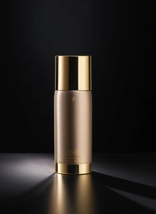 Gold and cream body spray can on a dark backdrop
