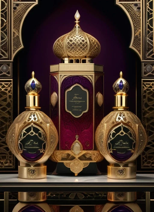 Ard Al Zaafaran ornate gold perfume oil bottles and box in a jewel-toned Arabian setting
