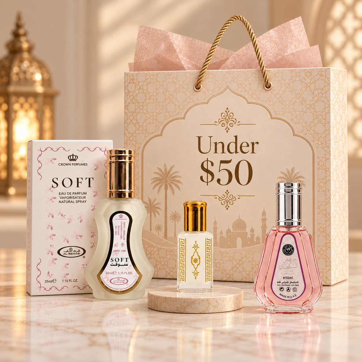Al Rehab Soft perfume oil, pocket perfumes and an Under $50 gift bag in a cream Arabian arch – fragrance gifts under CA$50