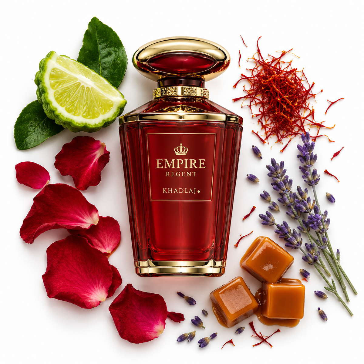 Khadlaj Empire Regent 100ml bottle on white with bergamot, saffron, rose, lavender and caramel