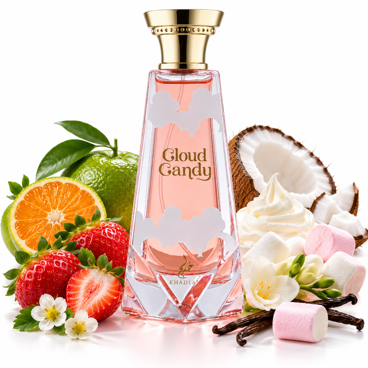 Khadlaj Cloud Candy 100ml bottle on white with strawberry, green tangerine, freesia, marshmallow, coconut and vanilla