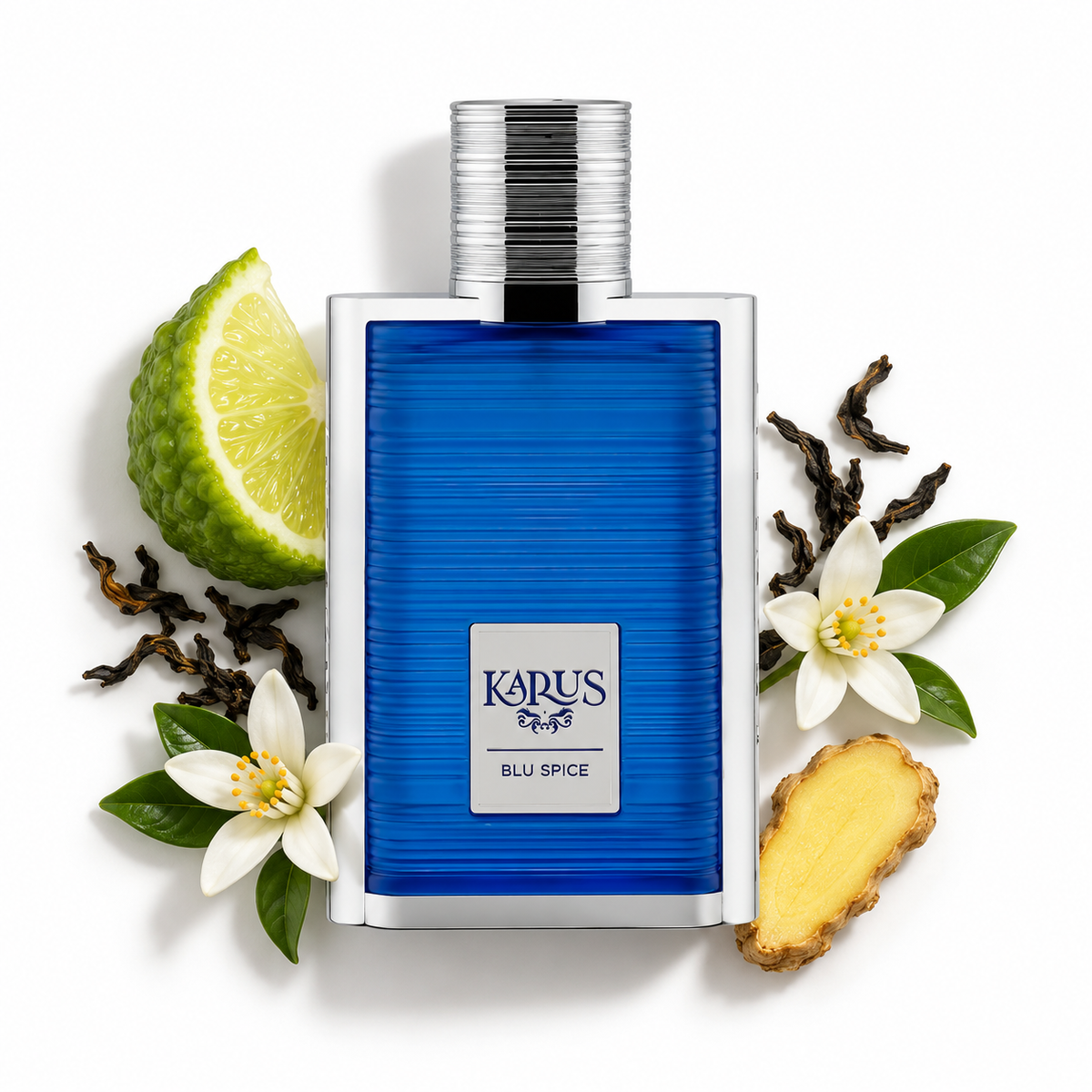 Khadlaj Karus Blu Spice 100ml bottle on a white background with bergamot, tea, neroli and ginger