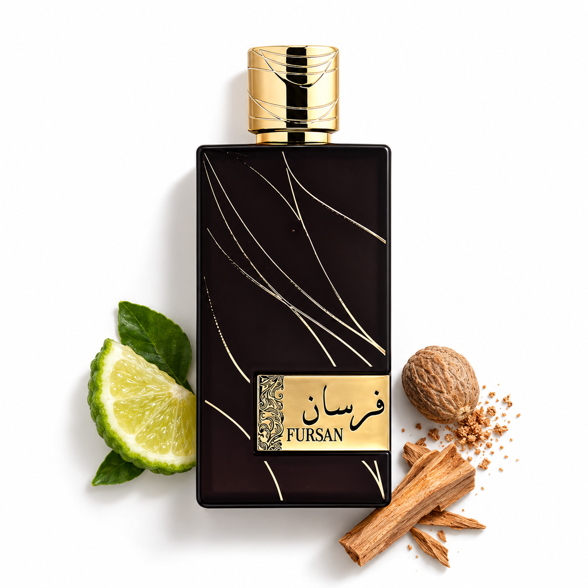 Khadlaj Fursan Brown 100ml bottle on a white background with bergamot, nutmeg, sandalwood and cedarwood