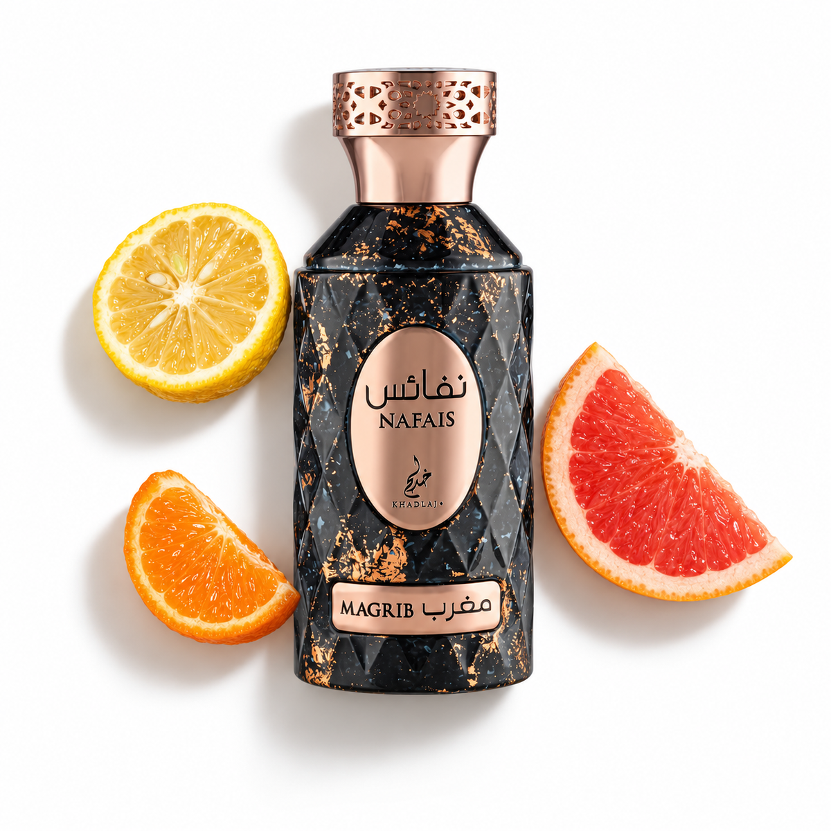 Khadlaj Nafais Magrib 100ml bottle on a white background with yuzu, grapefruit and mandarin