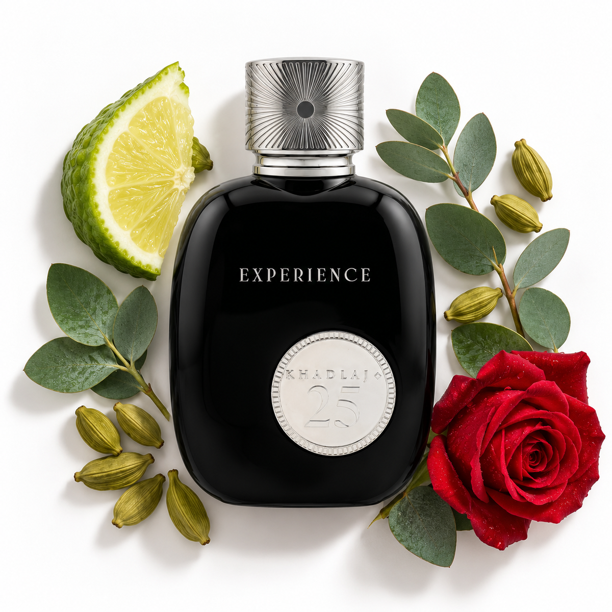 Khadlaj 25 Experience 100ml bottle on a white background with bergamot, eucalyptus, cardamom and rose