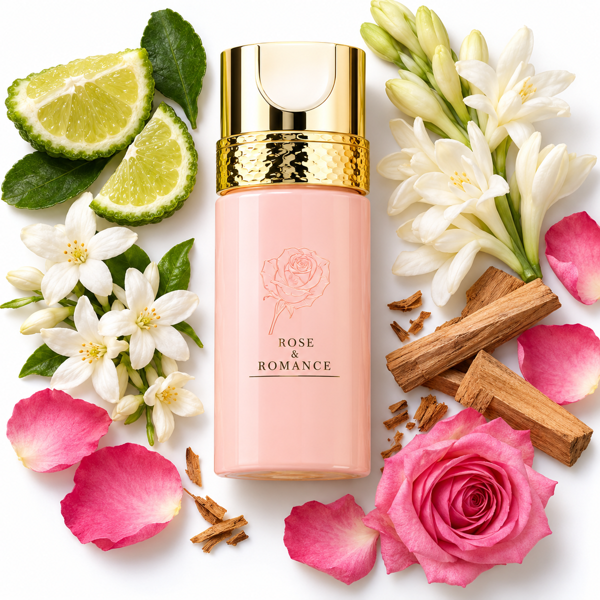 Khadlaj Rose and Romance Gold 100ml bottle on white with bergamot, tuberose, jasmine, rose and sandalwood