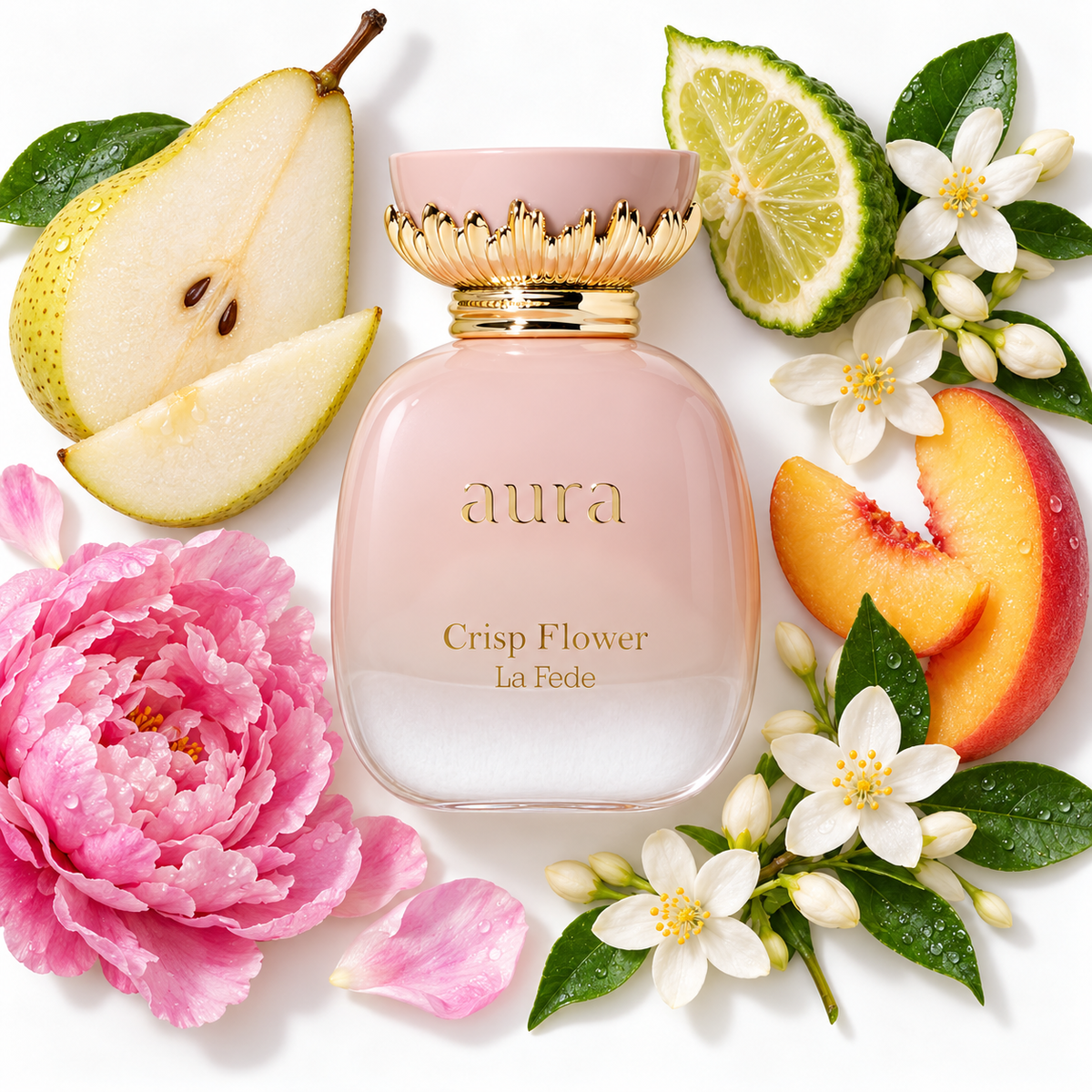 Khadlaj La Fede Aura Crisp Flower 100ml bottle on white with pear, bergamot, peach, jasmine and peony