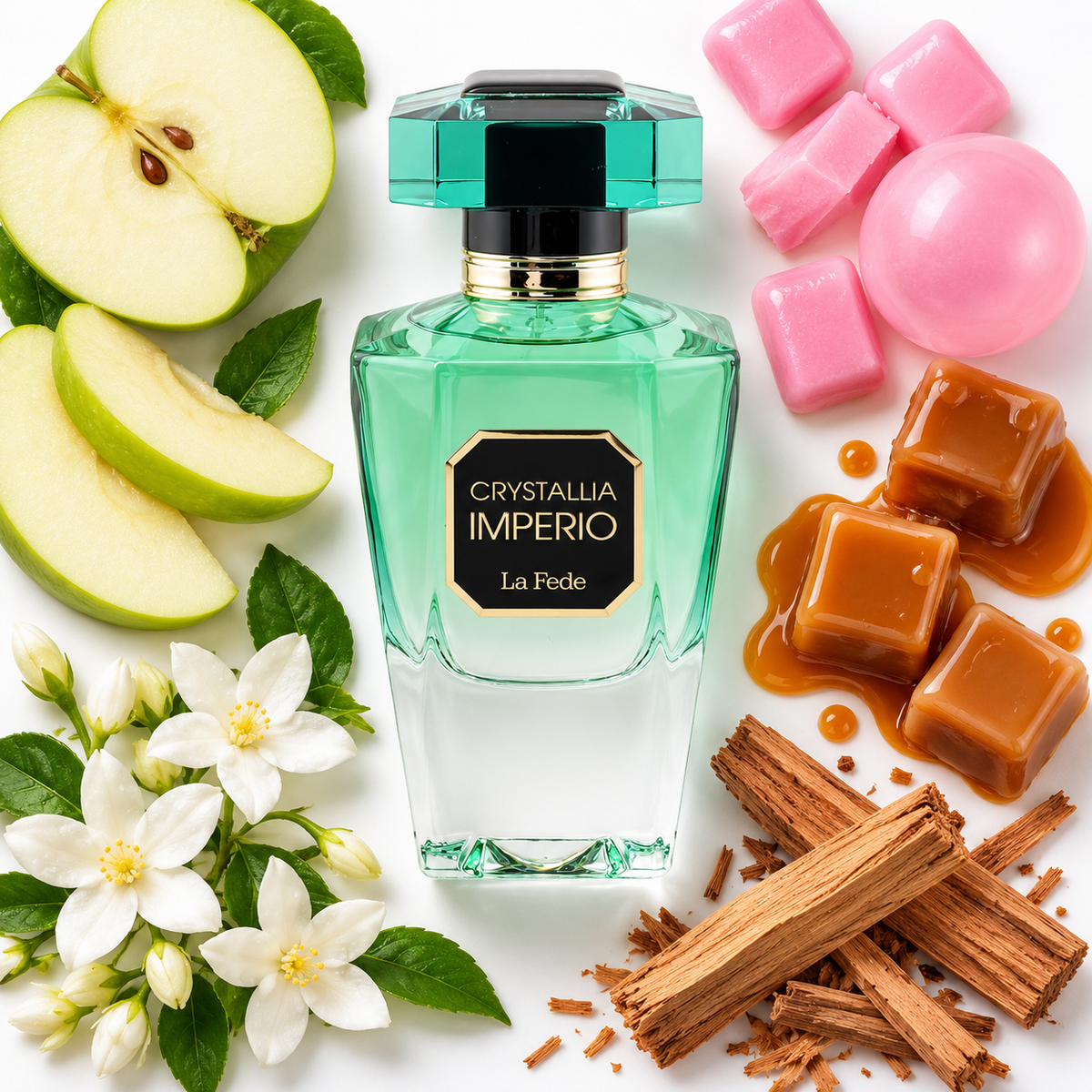Khadlaj La Fede Crystallia Imperio 100ml bottle on white with apple, bubble gum, caramel, jasmine and sandalwood