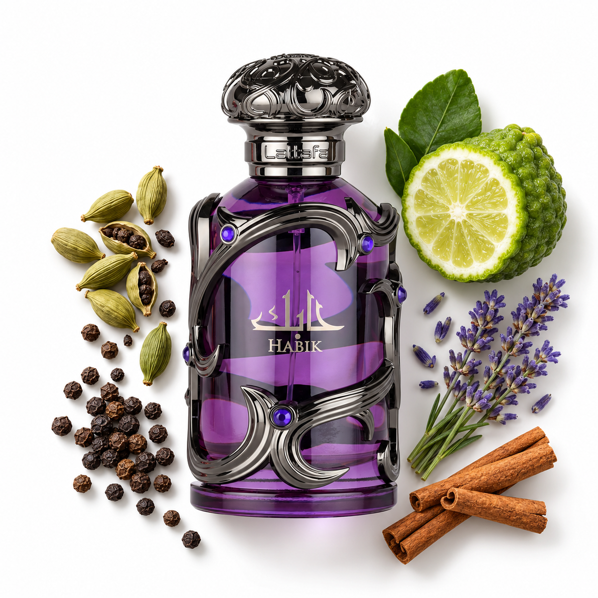 Lattafa Habik for Men 100ml bottle on white with green cardamom pods, black peppercorns, cut bergamot, lavender sprig, cinnamon sticks.