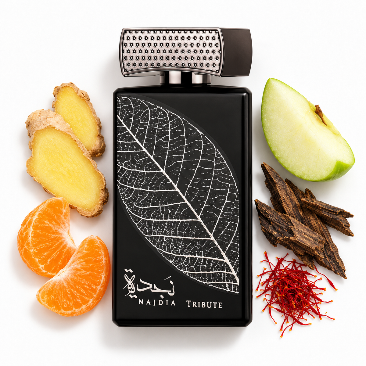 Lattafa Najdia Tribute 100ml bottle on white with fresh ginger slice, mandarin segments, green apple wedge, few thin irregular oud wood chips, small pinch of saffron threads.