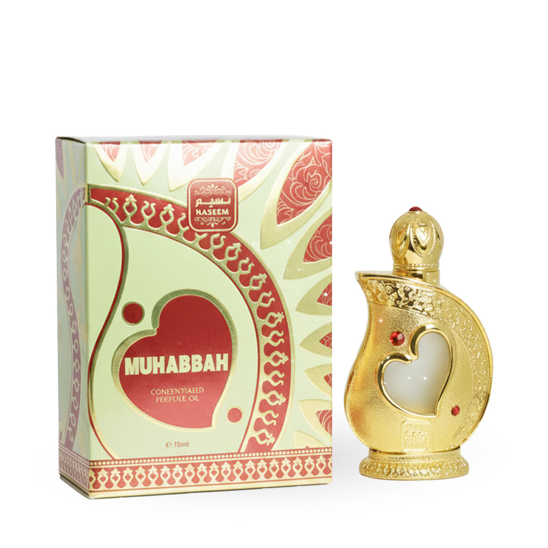 Gold perfume bottle with heart design and decorative box labeled 'Muhabbah' on a white background