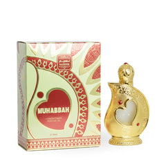 Gold perfume bottle with heart design and decorative box labeled 'Muhabbah' on a white background