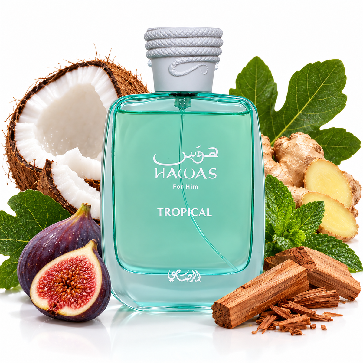 Rasasi Hawas Tropical with coconut, fig, ginger, mint and sandalwood on white
