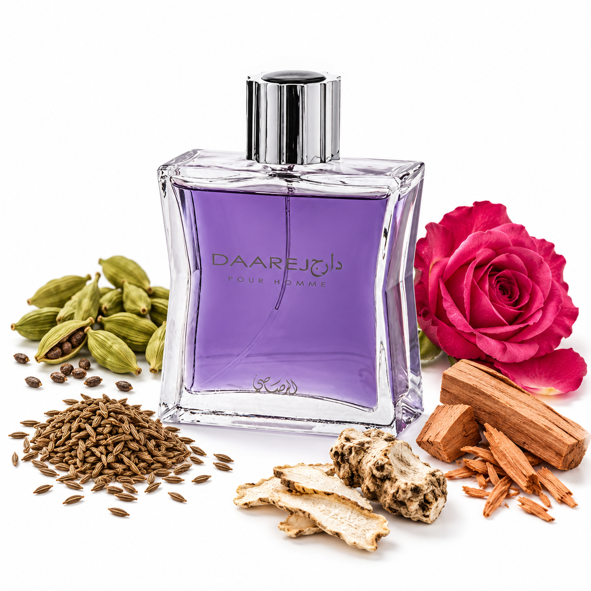 Rasasi Daarej Pour Homme 100ml bottle on white with cardamom, cumin, rose, orris and sandalwood