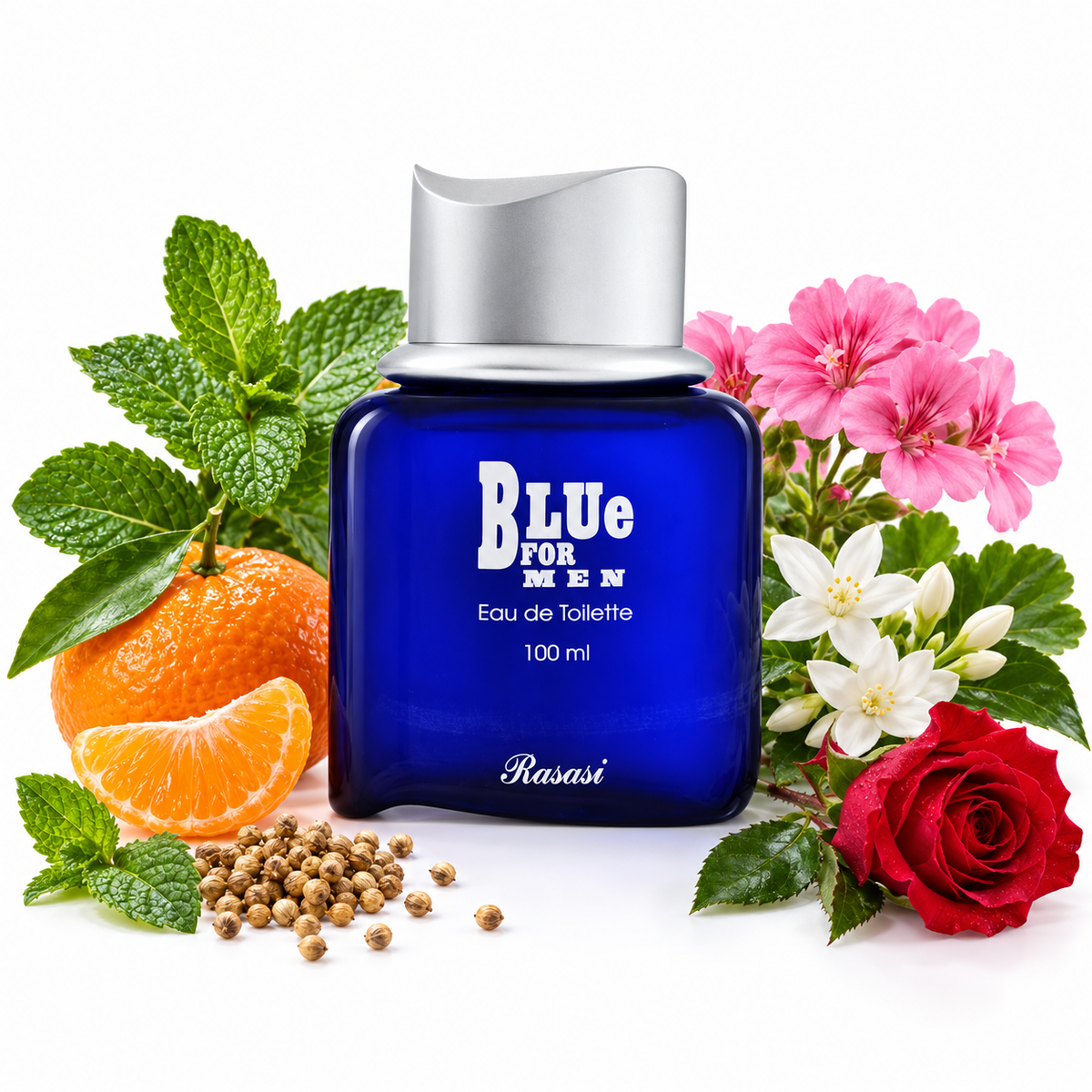 Rasasi Blue for Men100ml EDT bottle on white with mint, mandarin, coriander, geranium, jasmine and rose