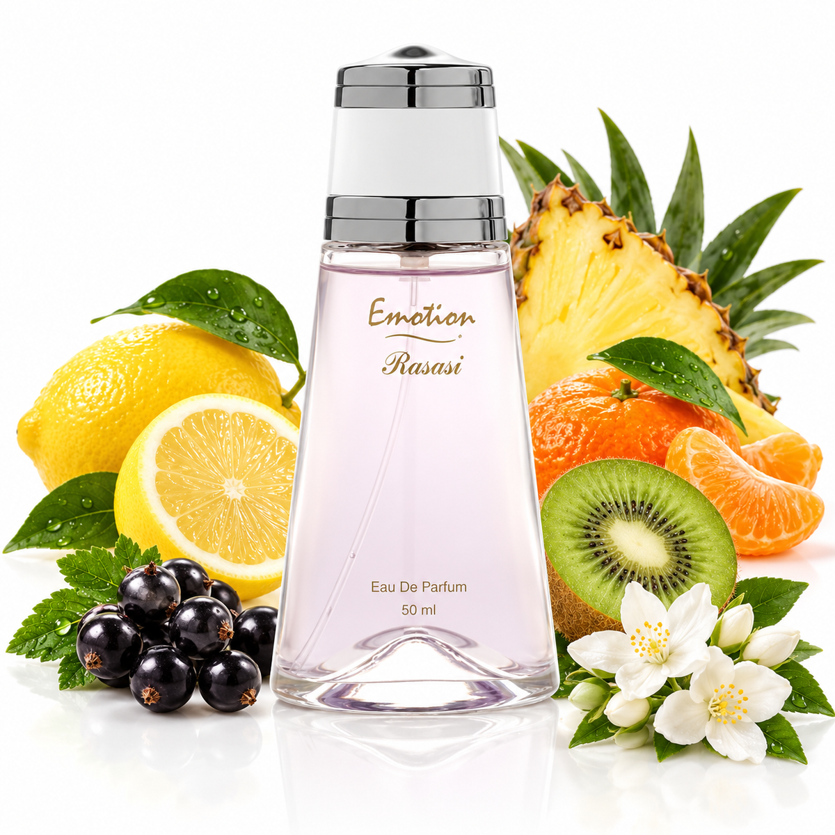 Rasasi Emotion for Women 50ml bottle on white with lemon, mandarin, kiwi, pineapple, blackcurrant and jasmine
