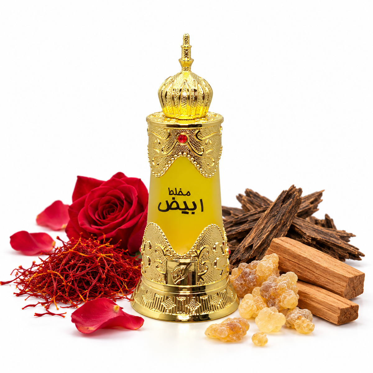 Afnan Mukhallat Abiyad20ml oil bottle on white with saffron, rose, incense, sandalwood and oud