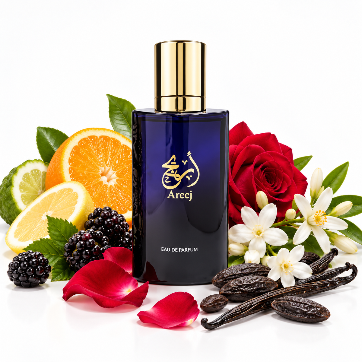 Ard Al Zaafaran Areej100ml bottle on white with citrus, blackberry, rose, jasmine, orange blossom and vanilla
