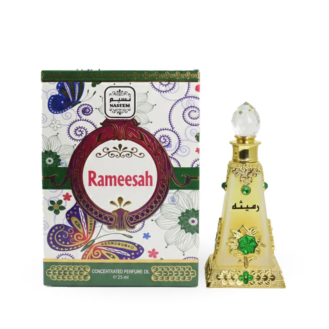 Rameesah perfume bottle and packaging on a white background
