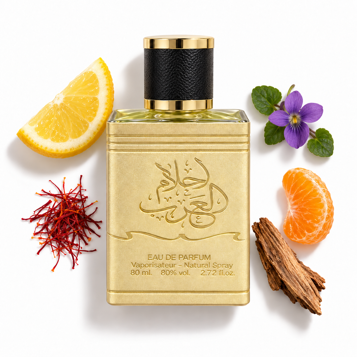 Ard Al Zaafaran Ahlam Al Arab 80ml perfume bottle on white with lemon, mandarin, saffron, violet and cedarwood note accents