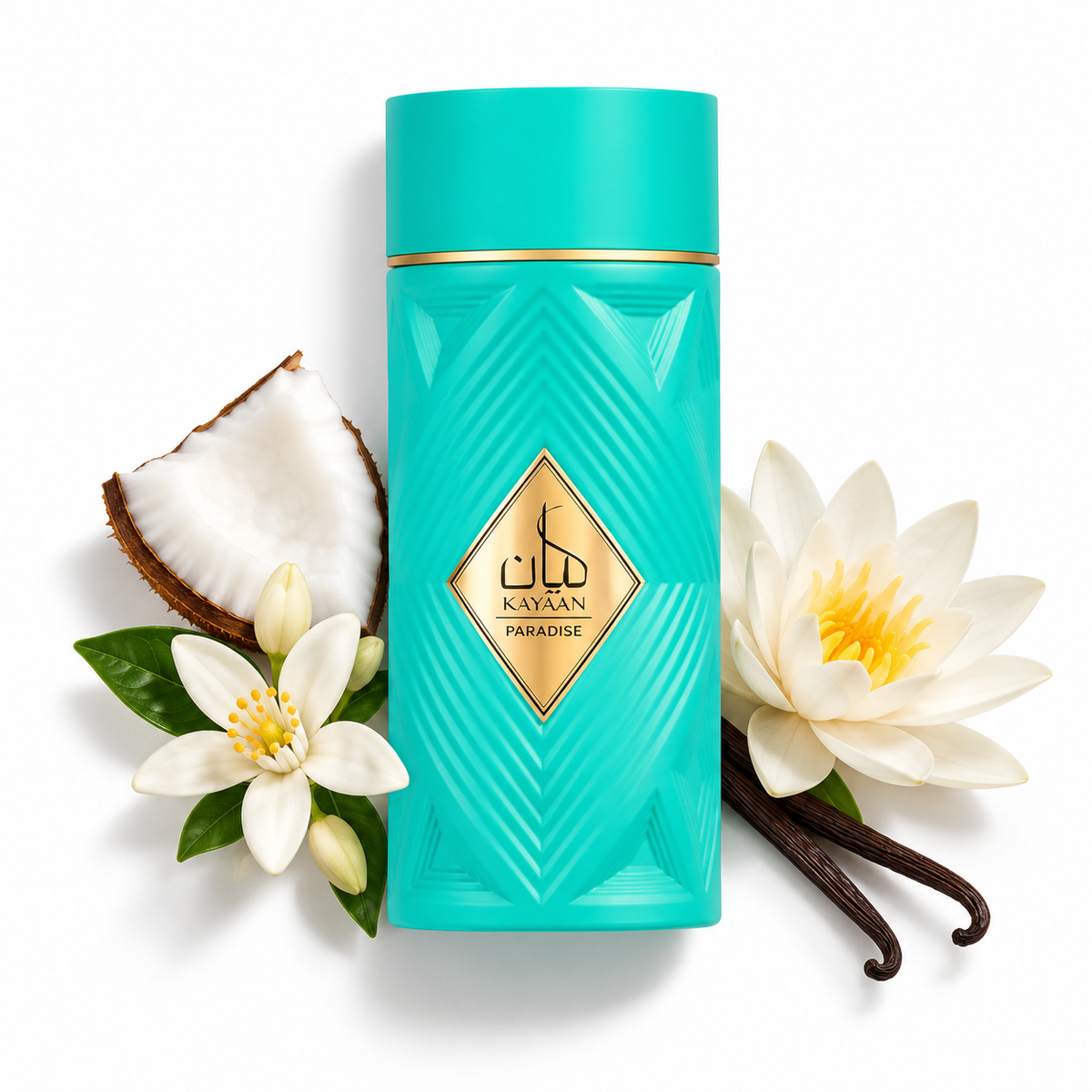 Ansam Al Oud Kayaan Paradise 100ml perfume bottle on white with coconut, orange blossom, water lily and vanilla note accents