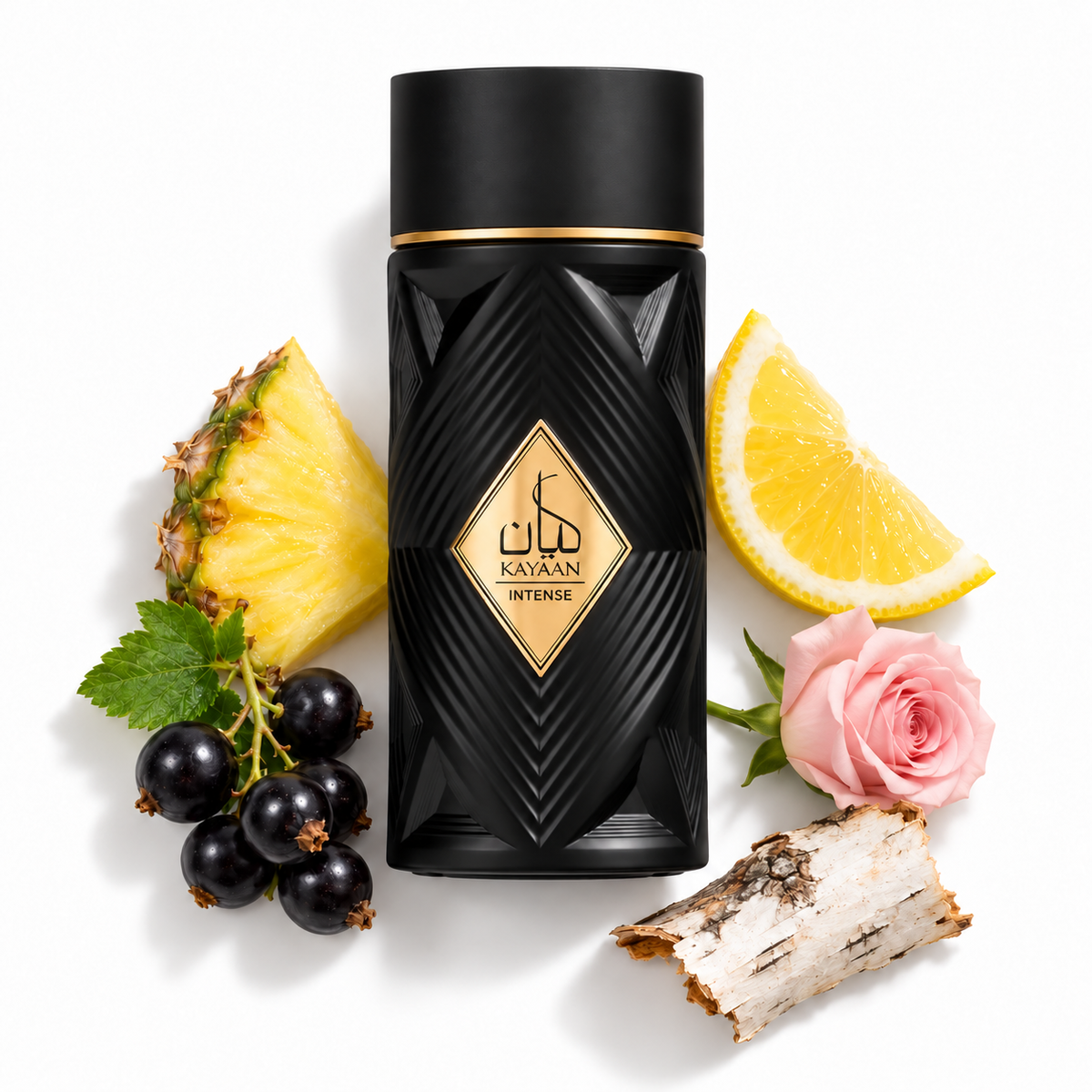 Ansam Al Oud Kayaan Intense 100ml perfume bottle on white with pineapple, lemon, blackcurrant, rose and birch note accents