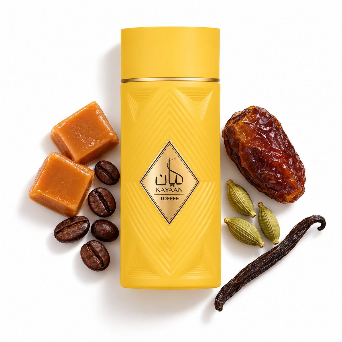 Ansam Al Oud Kayaan Toffee 100ml perfume bottle on white with toffee, coffee, dates, cardamom and vanilla note accents