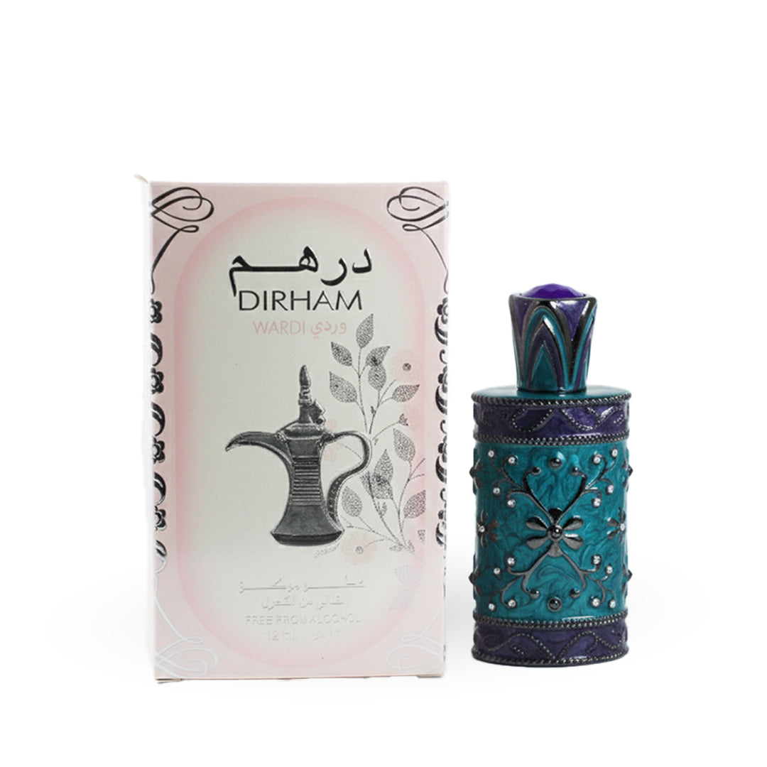Teal perfume bottle with intricate design next to its packaging on a white background