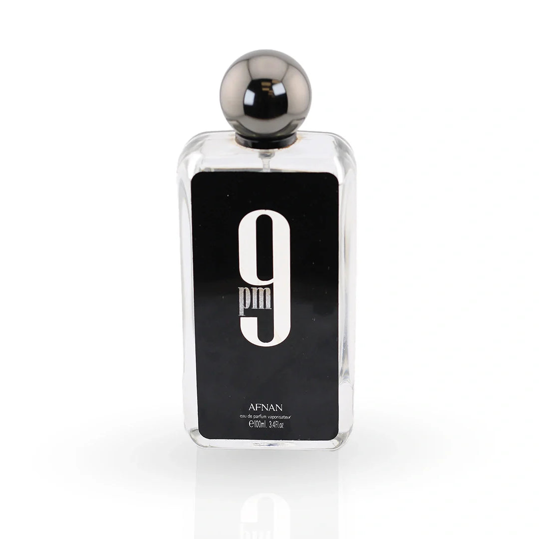 Afnan 9 PM Eau de Parfum 100ml — clear glass rectangular bottle black label, front view — amber vanilla unisex fragrance