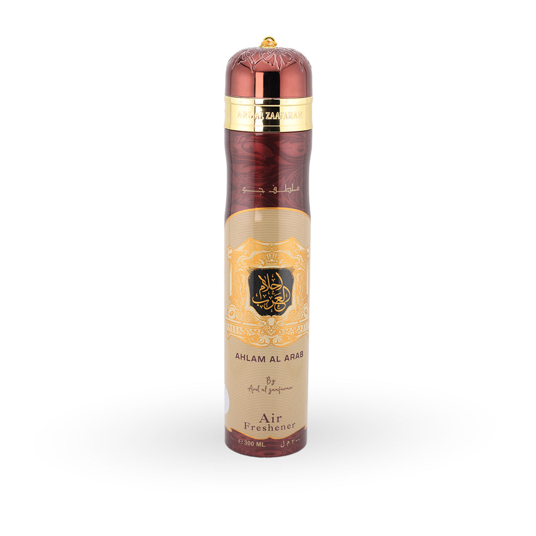 Ard Al Zaafaran Ahlam Al Arab Air Freshener 300ml — maroon cylindrical spray can with gold cap, front view — amber home scent
