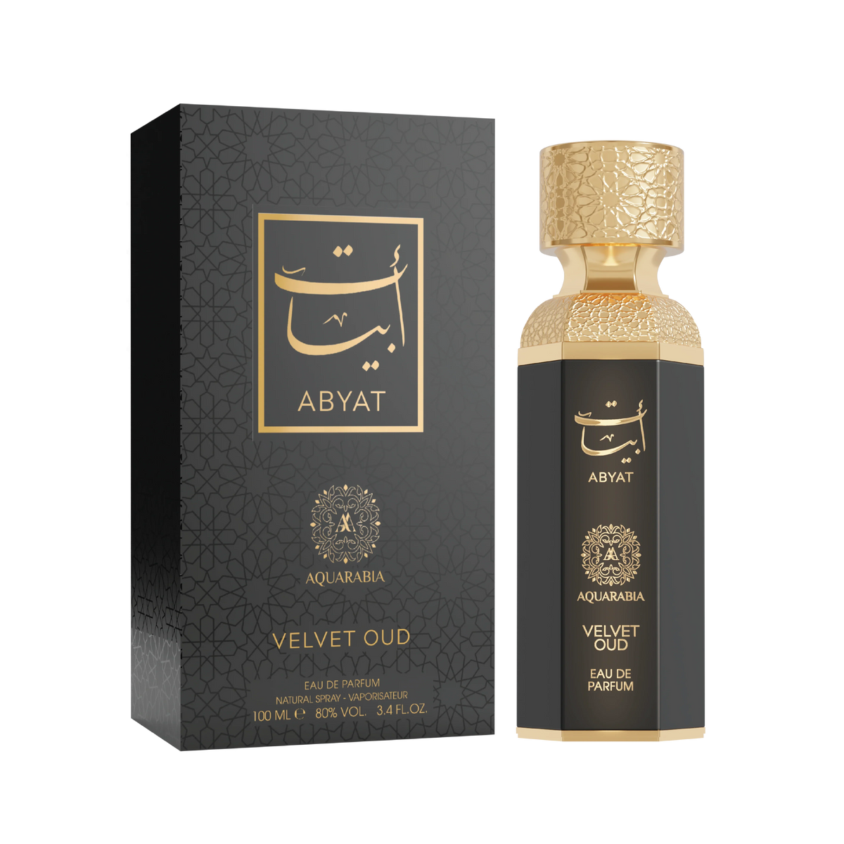 Faan Abyat Aquarabia Velvet Oud Eau de Parfum 100ml — black and gold bottle beside its box with gold Arabic script